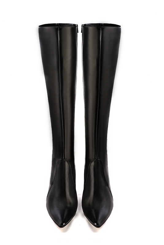 Satin black women's feminine knee-high boots. Tapered toe. Very high slim heel. Made to measure. Top view - Florence KOOIJMAN